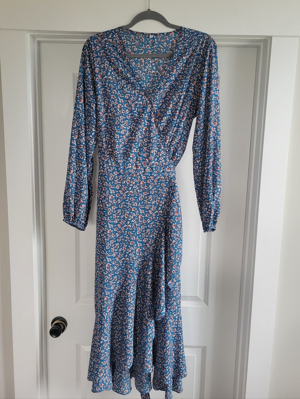 Blue Floral Long-Sleeve Wrap Midi Dress - Picture 2 of 9